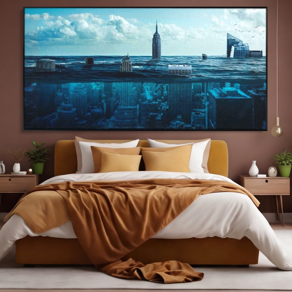 Tablou canvas cu ilustratie digitala cu oras scufundat in ocean, in rama de aluminiu negru, pe perete intr-un dormitor
